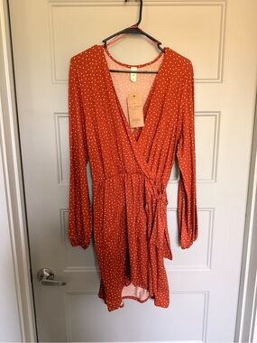 Rust Polka Dot Wrap Mini Dress with Tie Waist